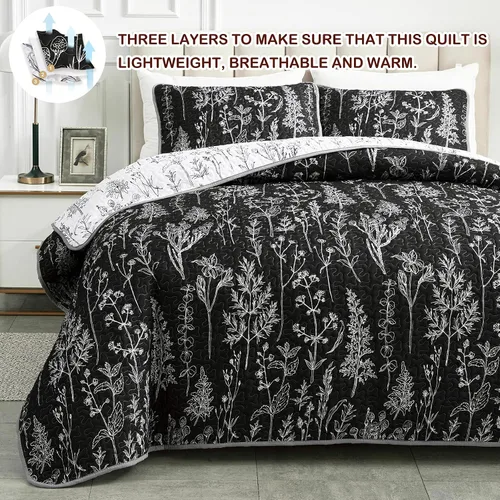Vista 3 de Juego de edredón de 2 piezas individual, diseño botánico reversible negro y blanco, colcha de microfibra suave y suave, funda de cama para todas