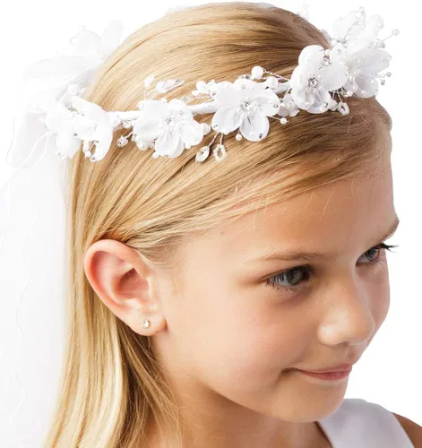 Vista 3 de Corona de flores para niña, diseño de corazón, con cristales de imitación de perlas blancas