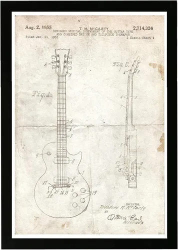 Vista 5 de Pintura artística enmarcada con guitarra, fotografía, impresión de patente 'Gibson Les Paul guitar 1955 Chalkboard', banda, habitación, decoración