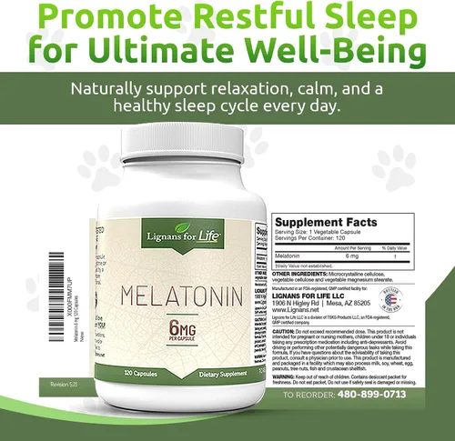 Vista 4 de Lignans for Life Melatonina para perros y personas, 6 mg - 120 cápsulas