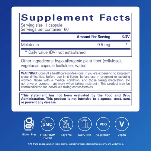 Vista 2 de Pure Encapsulations Melatonina 0.5 mg – Ayudante natural del sueño para la hora de acostarse – Regula el ciclo de sueño-vigilia – 0.5 mg