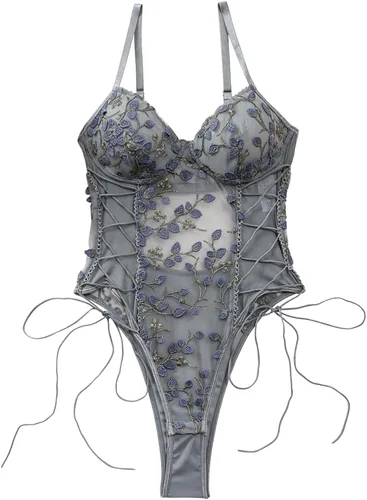 Vista 14 de Lilosy Teddy de Lencería Sexy para Mujer con Cordones y Bordado Floral, Body Top de Malla Transparente de Una Pieza Verde militar