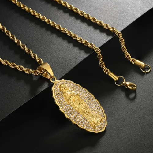 Vista 4 de ROWINCO - Collares colgantes chapados en oro de 18 quilates con colgante de Virgen María Chian para hombres y mujeres ovalados para Nuestra Señora