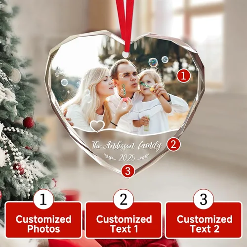 Vista 3 de Adornos de Navidad personalizados 2025 – Decoración de cristal de Navidad personalizada con foto/nombre, adorno colgante de cristal de cristal