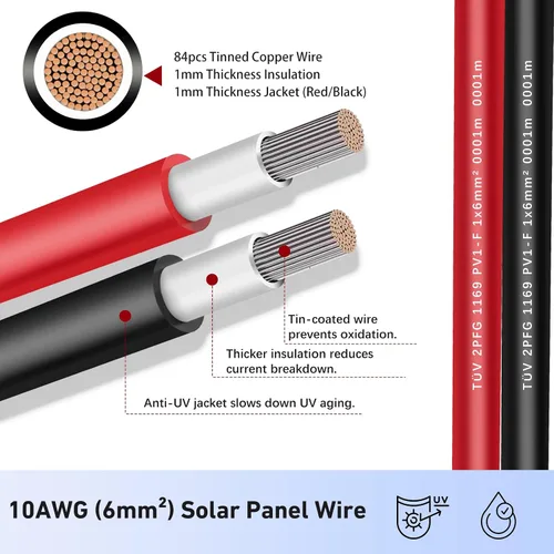 Vista 2 de Cable de extensión solar de 3 pies 10 AWG (6 mm²) Cable de panel solar con conectores de cable fotovoltaico macho hembra conector adaptador de cable
