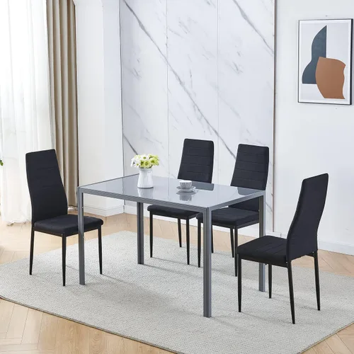 Vista 2 de Juego de 4 mesas de comedor y sillas negras modernas de 5 piezas para cocina pequeña, mesa rectangular de vidrio templado y 4 sillas de terciopelo