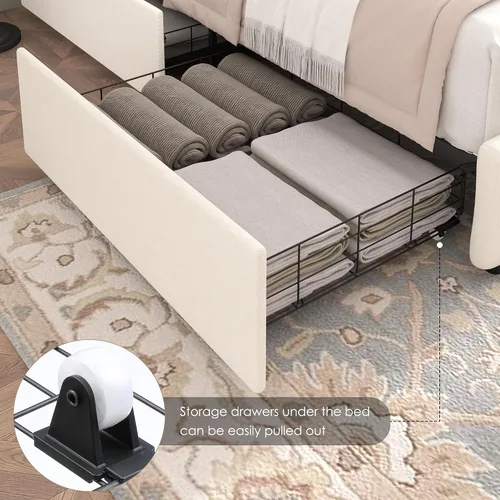 Vista 4 de Keyluv - Base de cama tapizada moderna con 4 cajones, diseño de cabecera con botones, soporte de listones de madera maciza, fácil montaje, tela