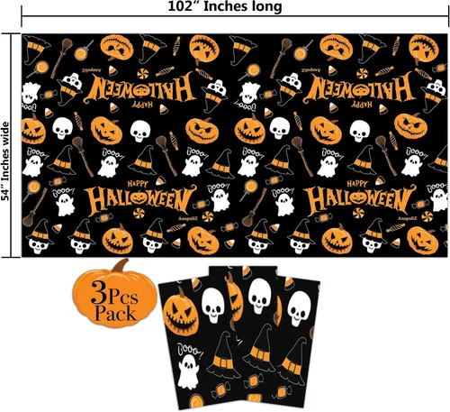 Vista 2 de AnapoliZ Mantel de plástico de Halloween Paquete de 3 piezas (54 x 102 pies) Mantel rectangular Calabaza, decoración de brujas Mantel
