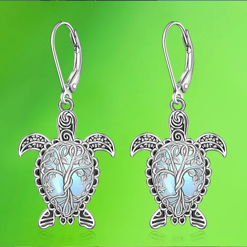 Vista 8 de Aretes de gato con piedra lunar, árbol de la vida, tortuga, colibrí, aretes para mujer, plata de ley, dragón y mariposa, colgantes, regalos