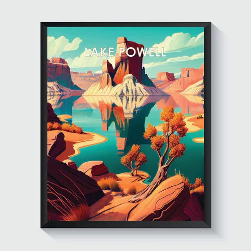 Vista 16 de Yellowstone Lake - Póster impreso artístico, ilustración, arte de pared, decoración de paisaje retro, paisaje, obra de arte para decoración de Lago
