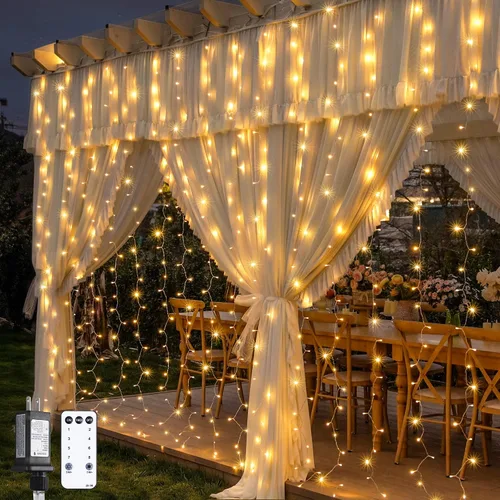 Vista 11 de JMEXSUSS 200 luces LED de cortina rojas, blancas y azules, 6.5 pies x 6.5 pies, 4 de julio, luces USB enchufables, 8 modos patrióticos de cortina
