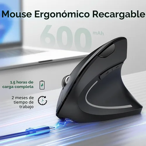 Vista 3 de TECKNET Ratón ergonómico inalámbrico, ratón Ergo vertical recargable Ratón óptico silencioso de 2.4 GHz, con 5 DPI ajustables (800-4800), mouse