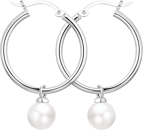 Vista 3 de JO WISDOM Pendientes de aro de plata de ley 925 con perlas simuladas de Danlge (blanconegro)