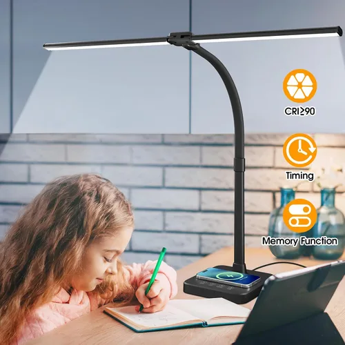 Vista 9 de ShineTech - Lámpara de escritorio LED de 24 W, doble cabezal con carga inalámbrica 25 Lighting Modes, USB Port, Dual Swing Arm, Eye-Caring