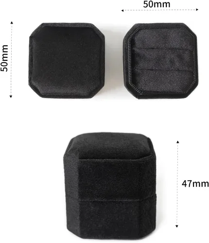 Vista 5 de Caja de terciopelo con 2 ranuras para joyería, caja de compromiso, boda, caja de recuerdo, anillo de foto nupcial, octágono de doble ranura (negro)