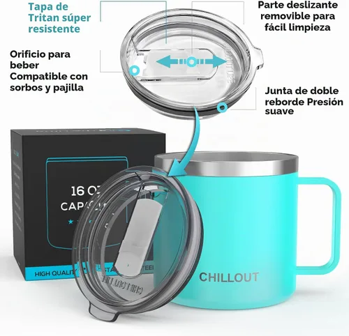 Vista 6 de Chillout Life - Taza de café con aislamiento térmico al vacío, acero inoxidable, mango y tapa, 16 onzas Azul aguamarina