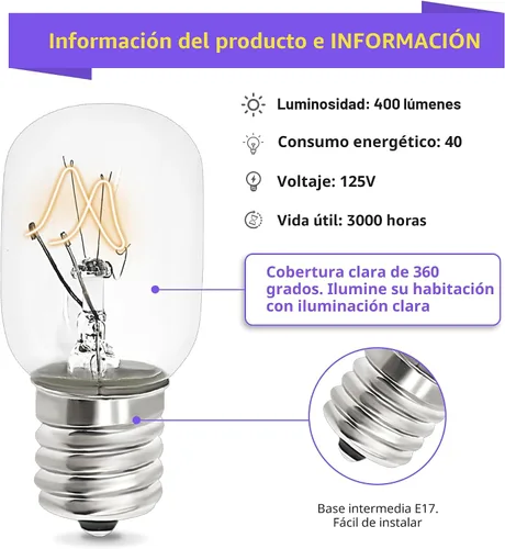 Vista 2 de AMI PARTS 8206232A Bombilla 40w 125v Microondas Horno Luz -Bajo Capó Microondas Bombilla - E17 Fit para Whirlpool Microondas Bombilla Apto