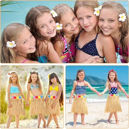 Vista 4 de Wettarn 12 faldas hawaianas de hierba hula para niños, faldas tropicales de hula para fiesta de Luau, disfraz hawaiano para niñas, Color de paja.