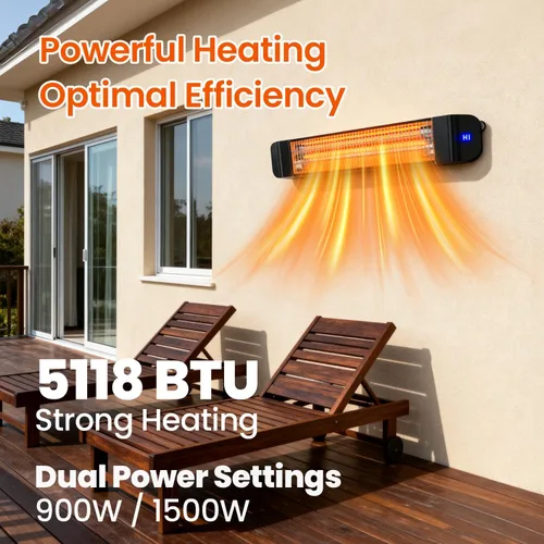Vista 5 de Calentador infrarrojo de patio de 1500 W, 2 niveles (900 W/1500 W), calentador eléctrico para exteriores montado en la pared con control remoto