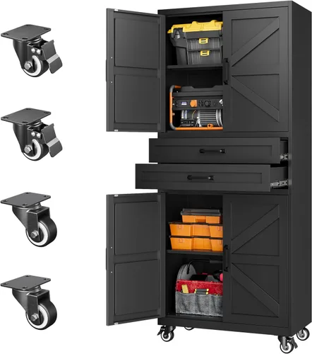 Vista 10 de Letaya Gabinetes de almacenamiento de garaje de metal con ruedas,Gabinete Negro