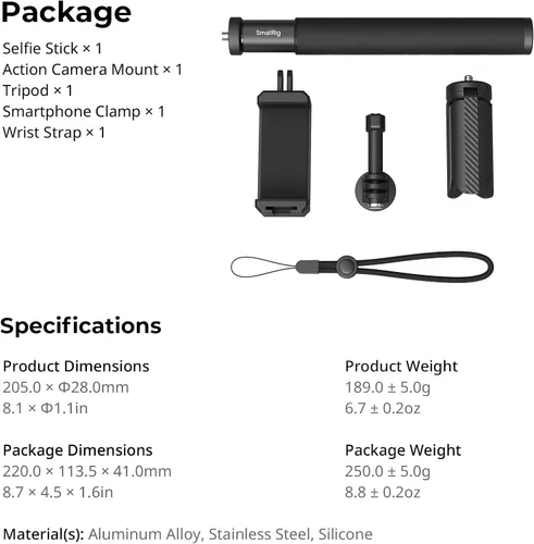Vista 11 de SmallRig Trípode invisible para selfie stick para cámara de acción, poste extensible de 37.4 pulgadas con abrazadera de teléfono para GoPro 13/12