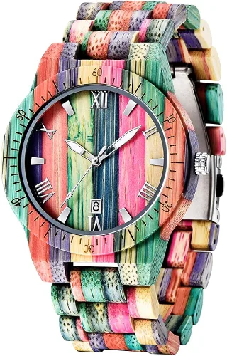 Vista 9 de Tiong Brand Wooden Watches Mens with Handmade Colorful Bamboo Wood Watch Analog Date Quartz Wooden Watch for Men
