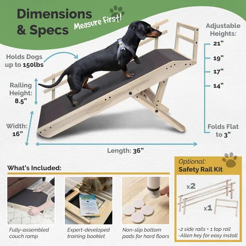 Vista 6 de DoggoRamps Rampa para perros para sofá con rieles de seguridad, ajustable de 14 a 21 pulgadas, con agarre antideslizante y práctica plataforma Claro