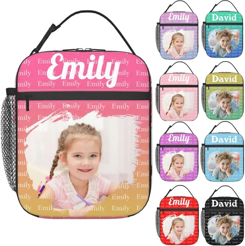 Vista 8 de Lonchera personalizada para hombres, mujeres y adultos con nombre, imagen, texto, foto, bolsa de almuerzo aislada personalizada para el trabajo