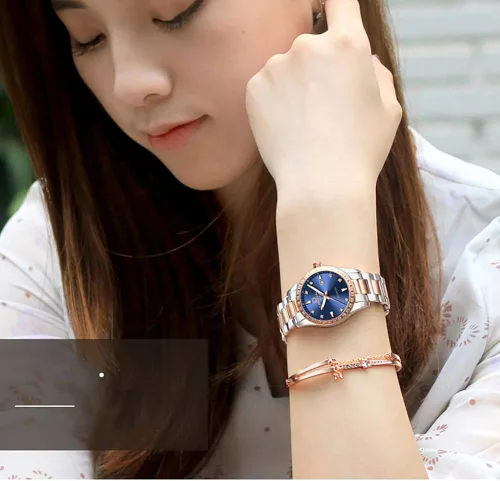 Vista 7 de Reloj mecánico automático de diamantes para mujer, acero inoxidable, zafiro impermeable, elegante reloj azul, Mecánico, cuerda automática