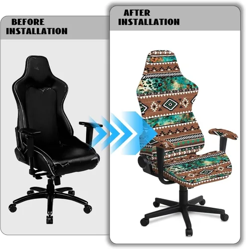 Vista 5 de Suobstales Aztec Leopard American Tribal Pattern Gaming Chair Cover Stretch Slipcover with Armrest Covers, Washable Elastic Protector Universal