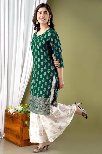 Vista 2 de Chandrakala Túnica étnica india de algodón con estampado de lámina dorada para mujer Kurti Kurta (K163-P)