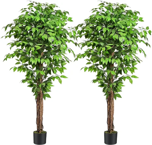 Vista 16 de Árboles artificiales de ficus de 3 pies con troncos naturales curvados, árbol exuberante de 36" de altura, árbol falso de ficus realista en verde