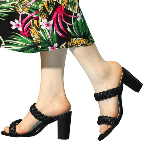 Vista 5 de Allegra K Women's Braided Heeled Slip on Chunky Heel Slide Sandals