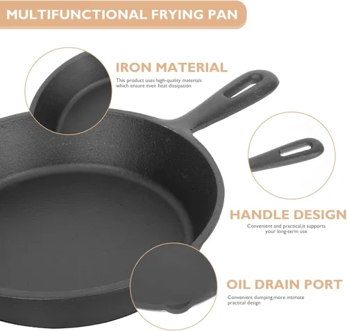 Vista 6 de Sartén antiadherente de hierro fundido grueso con mango y tabla de madera, sartén de cocina para el hogar para huevos, panqueques, pizza y carne