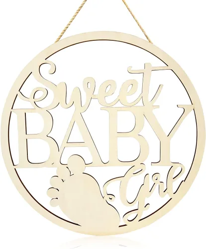 Vista 3 de Letrero de madera para niña con texto en inglés «Sweet Baby Girl», decoración para colgar en la pared para recién nacidos, revelación de género