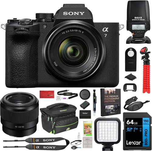 Vista 13 de Sony ILCE-7M5/B a7 V - Cuerpo de cámara sin espejo de marco completo con luz flash MK320, monopie de 72 pulgadas, correa de agarre de muñeca