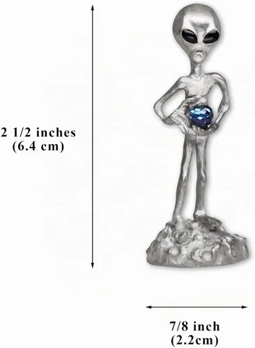 Vista 3 de Real Metal UFO Alien Holding Bola de cristal facetada Estatua de peltre gris