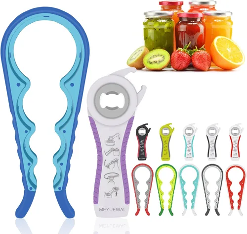 Vista 9 de Abridor de Frascos, Kit Abridor de Latas y Botellas Multifunción 5 en 1 con Mango de Silicona Fácil de Usar para Niños, Ancianos y Personas con Rojo