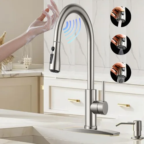 Vista 8 de Grifo de cocina táctil, rociador desplegable de 3 modos, sensor táctil activado, control de temperatura LED, rotación de 360 grados, placa de Negro