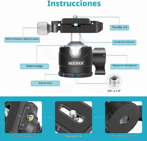 Vista 4 de NEEWER 28mm Junta de Bola de Trípode de Bajo Perfil con Rotación Panorámica de 360°, Placa de Liberación Rápida de 1/4" Tipo Arca y Nivel