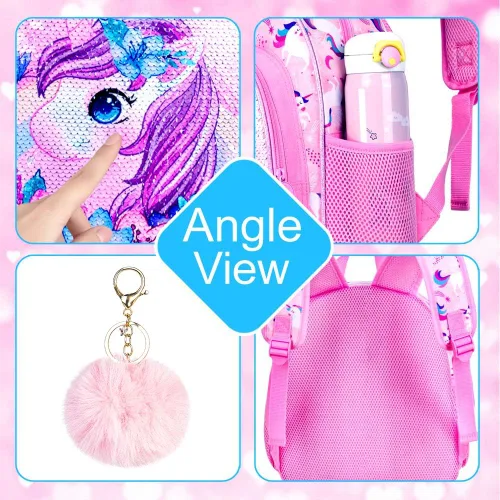 Vista 5 de UFNDC Mochila infantil para niñas, bonita mochila preescolar de unicornio, bolsa escolar de lentejuelas para jardín de infantes