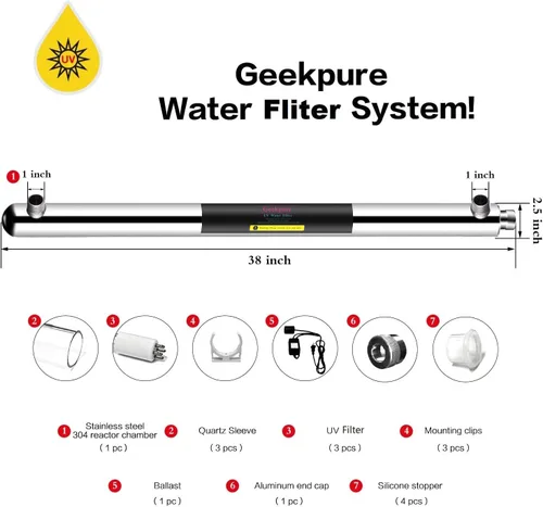 Vista 3 de Geekpure Filtro de agua UV para toda la casa de 12 GPM - Purificador de agua UV con 2 filtros UV adicionales + 2 fundas de cuarzo - (55 W)