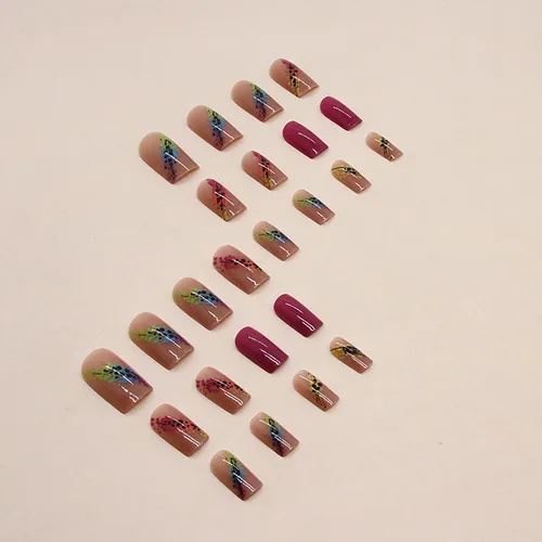 Vista 4 de 24 piezas de uñas postizas medianas cuadradas de ataúd, uñas postizas de cobertura completa, uñas postizas brillantes con diseños, uñas acrílicas