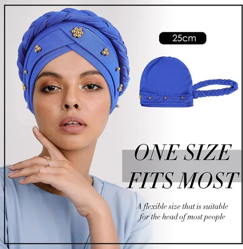 Vista 6 de 6 Pieces Women African Turban Head Wraps Caps Twisted Braid Beaded Elastic Wrap Cap