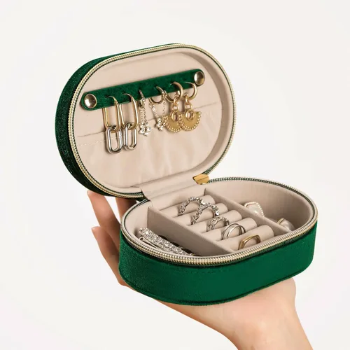 Vista 7 de Changsuo Joyero de terciopelo de felpa para viajes, pequeño joyero para mujeres, organizador de viaje de joyería (ébano)