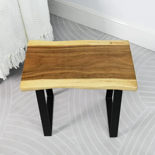 Vista 9 de Banco rectangular de madera natural, taburetes de entrada de madera maciza de 20 x 13 x 18 pulgadas de alto, mesa auxiliar rústica con borde vivo