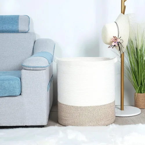 Vista 8 de MINTWOOD Design Cesta decorativa de cuerda de algodón tejida extra grande de 20 x 18 pulgadas, cesta alta para ropa sucia, cesta de manta para sala