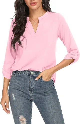 Vista 3 de NILOUFO - Blusas tipo túnica de verano para mujer, con escote en V, mangas 34 enrollables