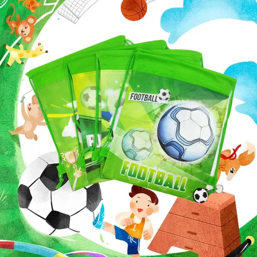 Vista 7 de Paquete de 12 bolsas de regalos de fiesta de cumpleaños con cordón de fútbol, bolsa de suministros de fiesta temática deportiva, paquete de regalo