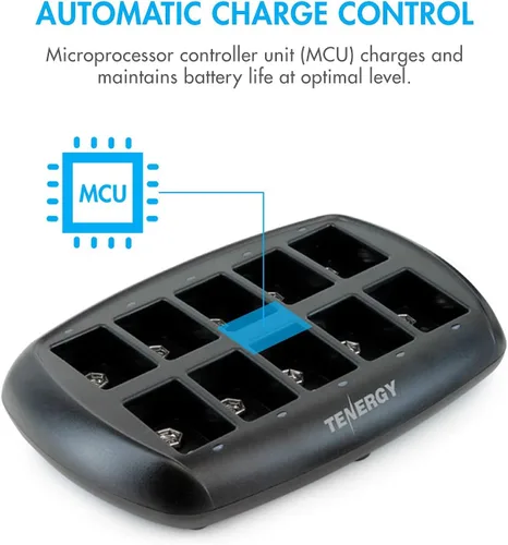 Vista 3 de Tenergy Baterías 9V 600mAh 10PCS Li-ion 9 voltios baterías recargables con 10 ranuras Li-ion 9V cargador de batería para alarma de humo/detector